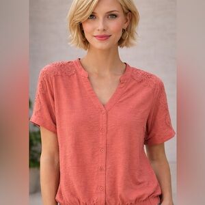 Women's Lace Shoulder Button-Front Top - Terra-cotta